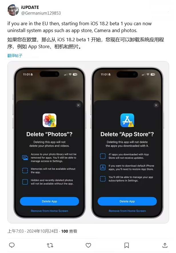 昌黎苹果手机维修分享iOS 18.2 支持删除 App Store 应用商店 