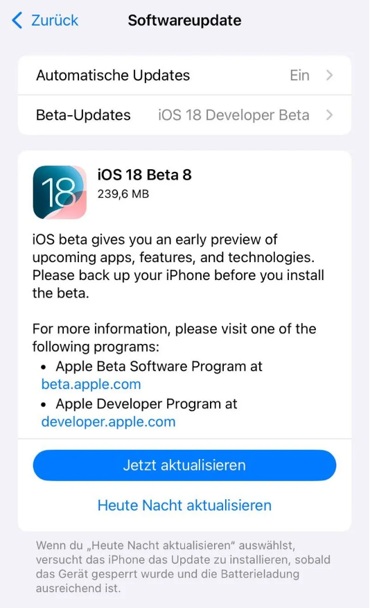 昌黎苹果手机维修分享苹果 iOS / iPadOS 18 开发者预览版 Beta 8 发布 